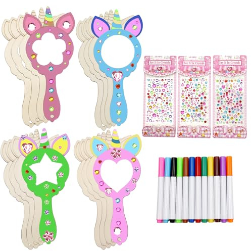 ZITUZY 16 Stück DIY Einhorn Spiegel, Spiegel Basteln Kinder, Bastelset zum Kindergeburtstag, Einhorn Geburtstagsdeko, Holz Basteln Kinder für Mädchen/Jungen DIY Geburtstag Handwerk