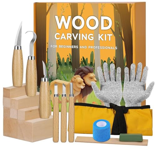 Strumenti Per Intaglio Del Legno 19 in 1, Kit Intaglio Legno per Adulti, Bambini, Principianti, Include 8 Strumenti per Intagliare il Legno, 6 Coltelli da Intaglio, Guanti Resistenti al Taglio