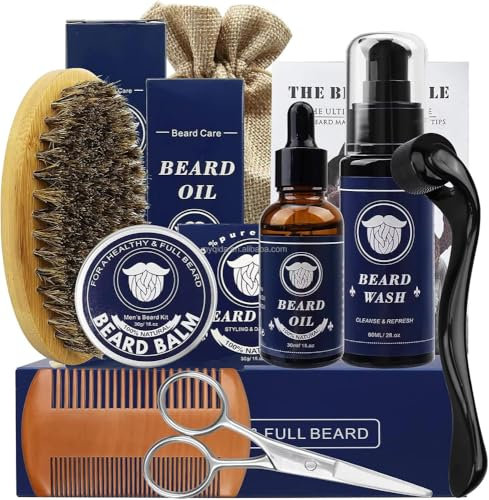 Bartpflege-Set, 7-teilig, mit Öl, Balsam, Reinigungsmittel, Bürste, Kamm, Schere und Jutebeutel