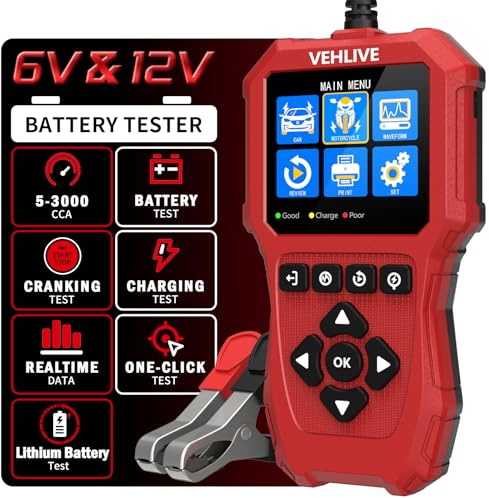 Car Battery Tester 6V 12V with Lithium Battery Testing, VEHLIVE BT910 5-3000CCA Battery Load Tester, Automotive Alternator Tester Charging Cranking System Tester for Car Truck Motorcycle SUV ATV Boat
