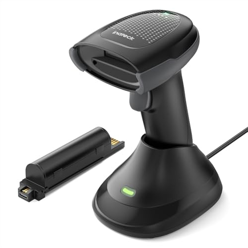 Inateck Lector Código de Barras Inalámbrico 1MP 2D QR, Escáner Bluetooth con Base de Carga, 2 x 2000mAh Baterías Reemplazables para Almacén, Logística e Inventario