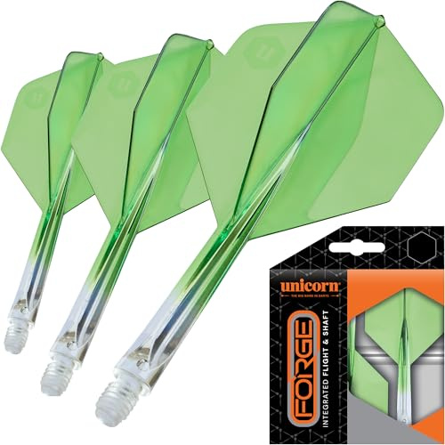 Unicorn Forge integrerade dartflyg och axlar | 1 st design för perfekt 90 grader fena vinkel | lätt tuff polymer | plus form & standard 2BA-tråd | medium stam 26 mm | Klar & grön | Set med 3