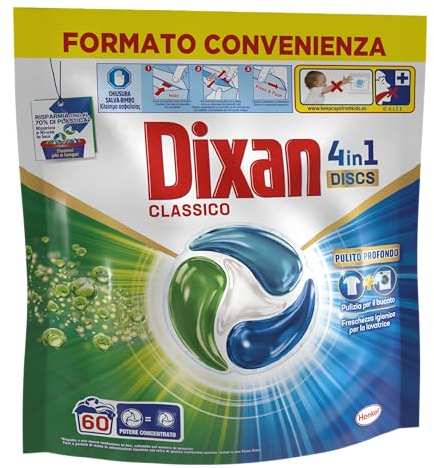 Dixan DISCS 4in1 Classico Detersivo Lavatrice, 60 Lavaggi, Capsule Lavatrice per una Pulizia Profonda del Bucato e Freschezza Igienica per Lavatrice, Rimuove le Macchie da 20°C