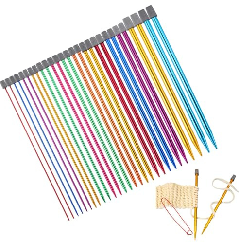 Coloured Knitting Needles Set, 25cm/9.8inch Long, 28Pcs /14 Pairs Coloured Aluminium Short Knitting Needles Set, 2mm-10mm Lightweight Straight Metal Pins for Kids Beginners