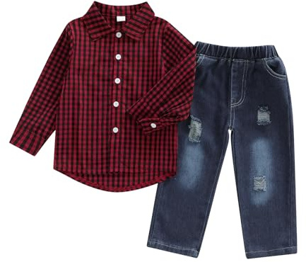 Flamosisi Littel Boys Fall Spring Gentleman Outfits Long Sleeve Lapel Neck Button-up Plaid Print T-Shirts With Elastic Ripped Denim Pants Toddler Boys Casual 2 Pieces Jeans Pants Set (Red, 5-6 Years)
