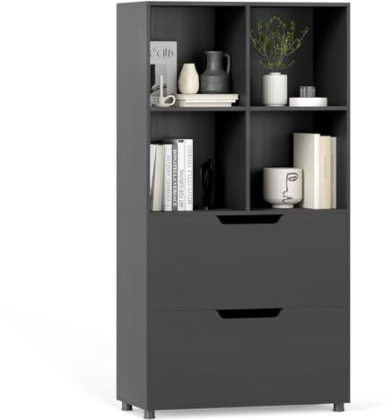 COSTWAY Librería de 4 Cubos con 2 Cajones, Estantería Libros Madera de 5 Niveles, Libreria Estanteria Salon Habitacion, 70 x 33,5 x 130 cm (Negro)