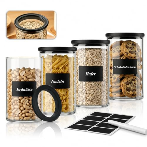 twoant Juego de 4 Redondos Tarros de Cristal Con Tapa Hermética transparente，1200ml Cocina Botes Almacenaje Ideales Para