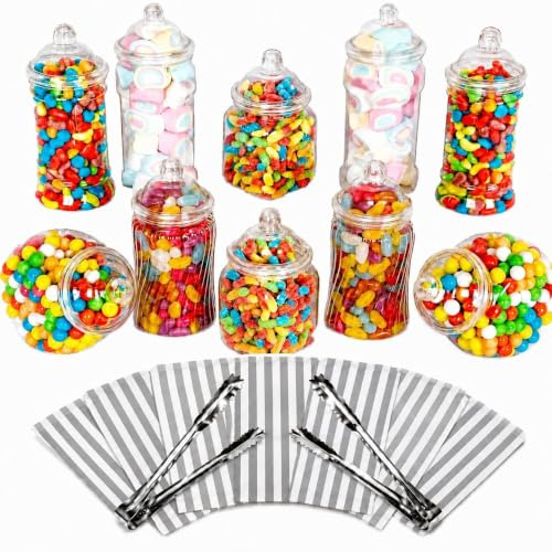 Truly Sweet Candy 10 Plastic Sweet Jars, 5 styles, 2 tongs, 50 bags Buffet (Silver)