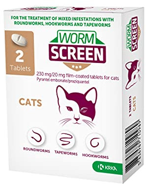 WORM SCREEN Cat, 2 Tablets - Cat Worming Treatment - Vet Approved Dewormer for Cats & Kittens Over 6 Weeks / 1kg+ in Weight - Kills Roundworms, Hookworms & Tapeworms - Easy Oral Treatment