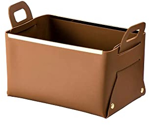 Decorative Faux Leather Basket,Small Catchall Basket for Entryway Bedside Dresser End table,Foldable Rectangle Tray Organizer Box (Caramel)