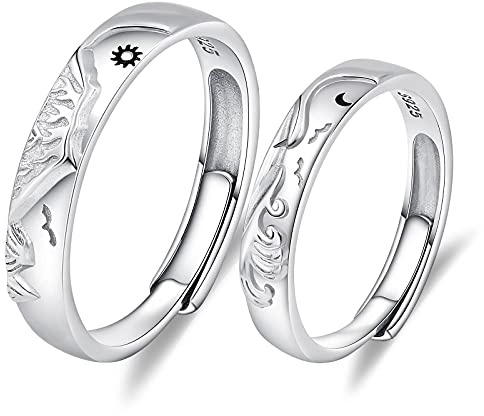 ANAZOZ Anillo Pareja Personalizado, Anillos de Compromiso, Alianzas de Plata Pareja, Anillos Ajustables Anillo Pareja Sol y Luna de Montaña y Mar