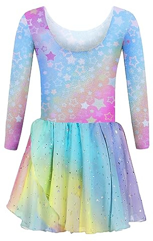trudge Vêtements de Ballet pour Filles Robe de Ballet Enfants Manches Longues en Coton Justaucorps de Ballet Costume de Danse Robe de Danse Body avec Jupe Tutu Arc-en-Ciel 130