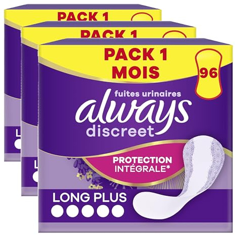 Always Discreet, 96 Protège-Slips Incontinence Femme, Long Plus, Protection Intégrale pour Fuites Urinaires Très Légères, Pack 1 Mois