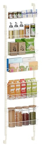 SONGMICS Wall-Mounted Spice Rack, 6-Tier Over-the-Door Pantry Storage Organiser, 6 Adjustable Baskets, Fits Door Height 196.4-211.8 cm, Holds 40 kg, Space-Saving, Cream White KCS047W01