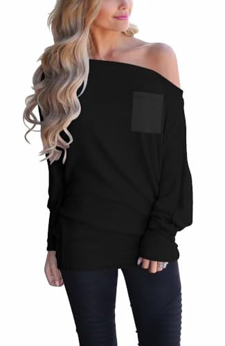 LACOZY Women's Off Shoulder Tops Casual Loose Batwing Sleeve Shirts Tunic Knit Oversized Pullover Sweater Black M