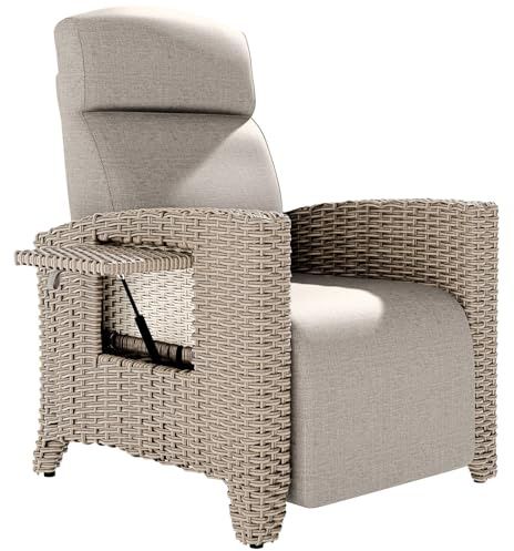 ONKBOITE Chaise Longue Ergonomique en Rotin de Relaxation, Dossier Réglable, Coussin épais, Adaptée à l’intérieur, au Balcon, au Jardin, à la Cour (Rotin Marron + Coussin Abricot)