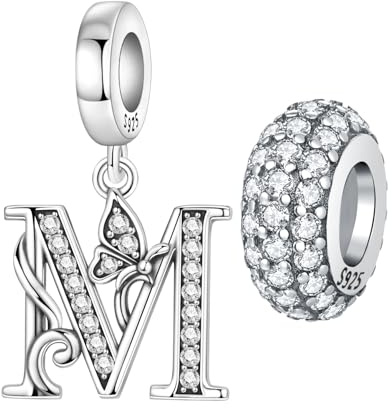 PANPOKI 2 Colgantes de letra de plata del alfabeto inicial para pulseras, colgantes, joyas, pulseras europeas, collares, joyas, regalo para mujer, Plata de ley (M-Traje)