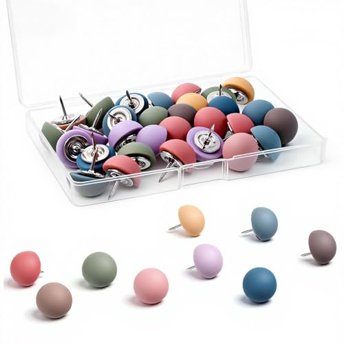 30PCS Matte Push Pins, Round Colorful Push Pins, Bulletin Board Tacks, Decorative Resin Thumb Tacks, Steel Point Reusable Cute Thumb Tack Pushpin for Cork Boards, Photos, Calendar, Home, Office