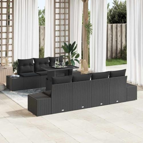 Frdhee Set di mobili da balcone per esterni, set di divani da giardino con cuscino, 8 pezzi, nero, 100 x 55 x 73 cm, gruppo panca angolare per interni ed esterni