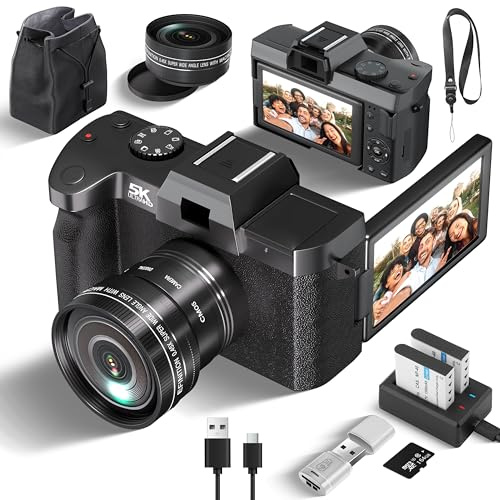 Fsjun Appareil Photo Numérique 5K Ultra HD-64 MP Grand Angle, Écran orientable 180° 3 Pouces, Zoom numérique16x, Carte SD 32Go et 2 Batteries Li-ION, Léger et Portable pour Voyagexs et étudiants