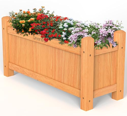 Vivo Technologies Large Wooden Garden Planter Outdoor Flowers Pots Rectangular Garden Planters Planting Raise Bed Patio Decking,Flowers Plant Pot for Patio, Balcony, 60x20x31 cm, Natural