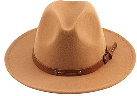 Classic Retro Mujeres y Hombres Sombrero de Fedora de lana de ala ancha con hebilla de cinturón de remache Floppy Panamá Hat Cap (Khaki)