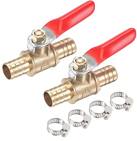 sourcing map Brass Air Ball Valve Shut Off Switch 10mm Hose Barb to 10mm Hose Barb with Clamps Red Handle 2Pcs