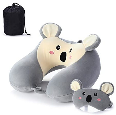 AOOPOO Memory Foam Reisekissen Kinder Nackenkissen Niedliche Tierform Nackenhörnchen Kopfstütze Baby Reise Schlafkissen mit Augenabdeckung Aufbewahrungstasche (Koala)