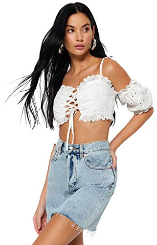 Trendyol Blusa Tejida básica con Cuello Carmen para Mujer, Ajuste Regular, Color Blanco, 34, Blanco, 34