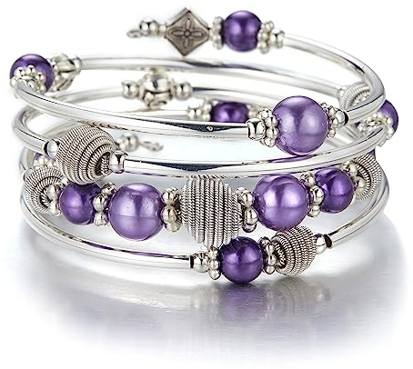 Bulinlin Silber Wickelarmband mit Naturstein Perlen Boho Mehrschichtiges Damen Armbänder Geburtstags Modegeschenk für Frauen (Violett Perle)