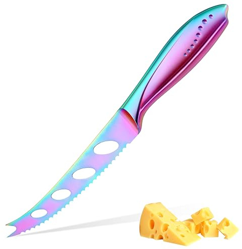 WELLSTAR Cheese Knife, Serrated Tomato Knife 5 Inch Sharp High Carbon Stainless Steel Blade for Cutting All Cheese Types - Rainbow