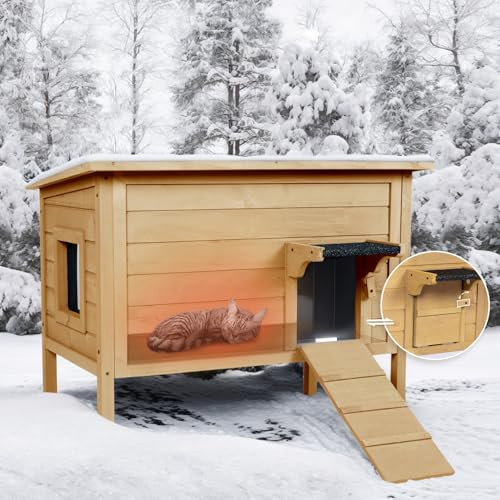 BRIOPAWS Feral-Outdoor-Cat-House-Insulated | Outside-Cat-Shelter for Winter | Weatherproof | Large Wooden Pet House for Multiple Cats | Foldable Ladder | Acrylic Side Window | Brown