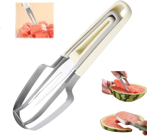 Coupe Pastèque 3 en 1 en Acier Inoxydable, Watermelon Coupe Pastèque Slicer Cutter, Trancheuse à Pastèque Outil Couteau Fruits pour Maison, Cuisine, Camping (Beige, 1 Pièce)