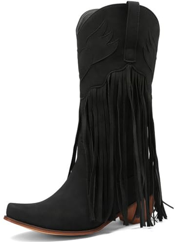 Fringe Western Cowboy mitt vadstövlar för kvinnor, spetsig tjock klack breda vadstövlar, klassiskt broderade bekväma dra på cowgirl-tossor
