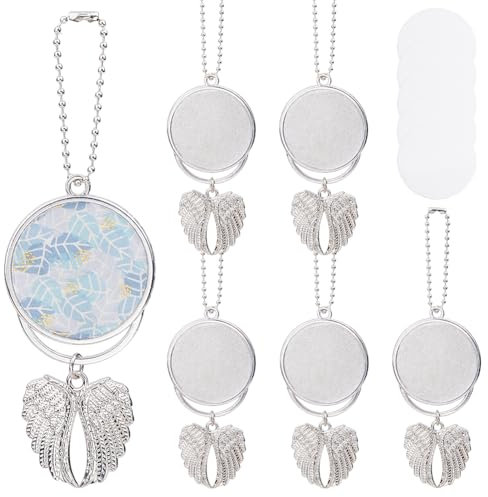 SUNNYCLUE 5Pcs Car Hanging Ornament Angel Wing Bag Charm Sublimation Keychain Blanks Guardian Angel Keychain Making Kit Wing Charms Heat Transfer Photo Frame for Car Mirror Home Bag Pursue Decoration