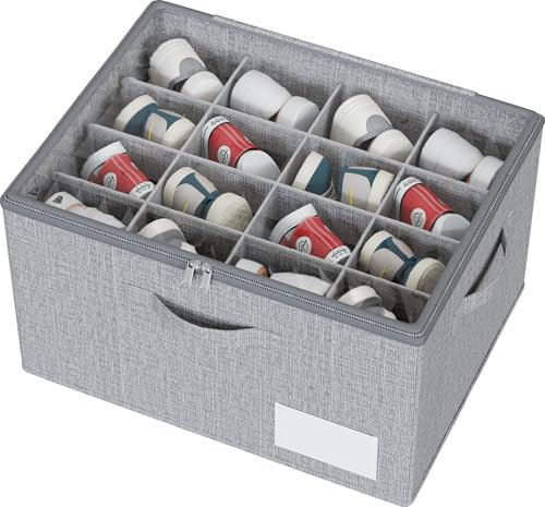 WANGIRL Large Fabric Shoe Storage Box, Fits 16 Pairs, Foldable Shoe Organiser for Wardrobe with Clear Lids, Bottom Support and Reinforced Handles, 1 Pack Grey
