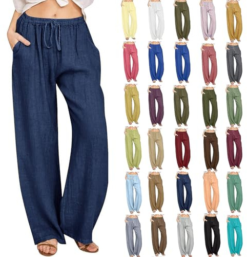 KUIH Womens Trousers Summer Casual Linen Trousers Drawstring Elastic Waist Long Pants Women Straight Wide Leg Lounge Pants High Waisted Palazzo Loose Fit Ladies Bottoms