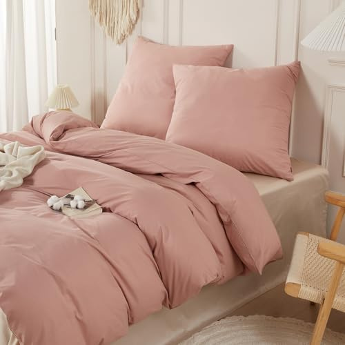 SAPHREAS Bettwäsche 200x200 100% Gewaschene Baumwolle 3teilig, Bettwäsche Sets mit Reißverschluss & 8 Schlaufen, Oeko-Tex Zertifiziert Bettbezug für Allergiker, Altrosa Rose(Ohne Bettdecken)