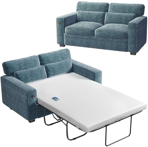 Marsail Pull Out Sofa Bed, Queen Size Sleeper Sofa with Memory Foam Mattress, 2 USB Charging and Removable Covers, Loveseat for Living Room, Apartment, Supports 600 LBS, Chenille Fabric, Blue
