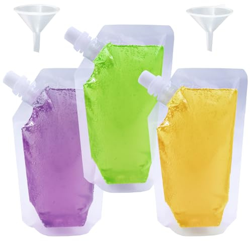 Yelinosk 20pcs Clear Drink Pouches 420ml with caps and 2 Funnels for Festivals,Leak Proof Alcohol Juice Liquid Pouches Bags, Beverage Bags, Plastic Hip Flask for Parties, Picnic, Travel, Sports