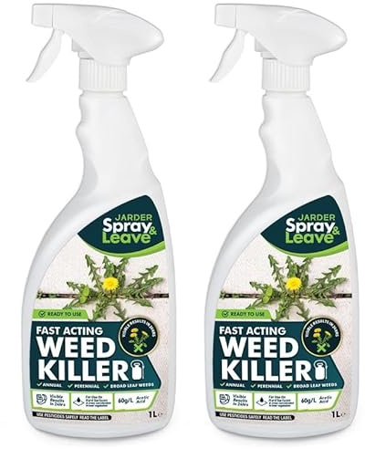 Jarder Fast Acting Strong Weed Killer for Hard Surfaces 2 x 1L - Kills Weeds in 24 hours - Ready to Use Weedkiller- Glyphosate Free - 2L covers 20m2