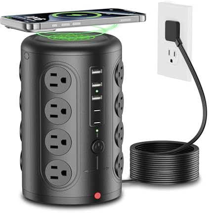 Power Strip Tower Surge Protector, TenTrend 16 Outlets and 5 USB Ports (2 USB-C), 2000 Joules Charging Station, 6FT Flat Plug Extension Cord for Home Office Dorm Room Essentials, Black