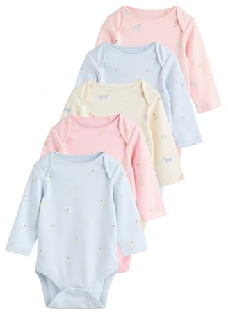 NEXT Bébé fille Body à manches longues bébé, lot de 5 | Coupe standard, Fermeture boutonnée, 100 % coton