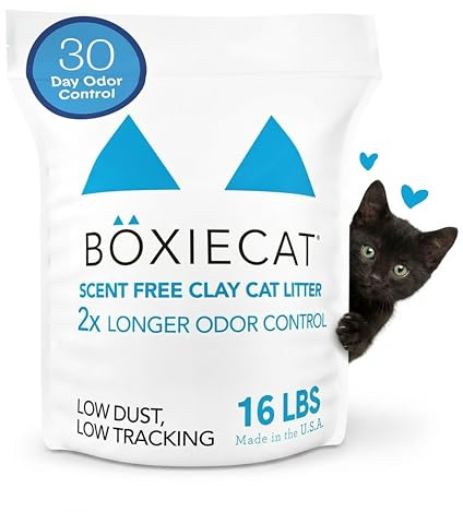 Boxie Unscented 30 Day Odor Control Clumping Clay Cat & Kitty Litter 16 lb, 99.9% Dust-Free, Hard Flat Top Clumps, No Fragrances No Fillers, Long-Lasting, Easy to Scoop