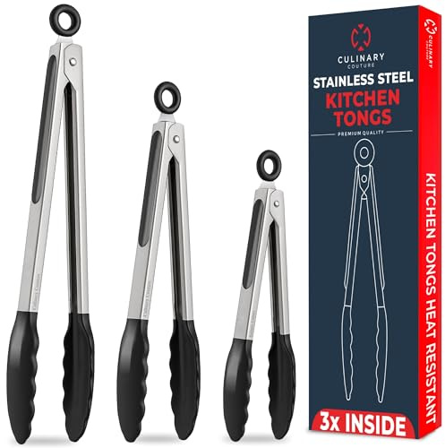 Kitchen Tongs with Silicone Tips Set of 3 Heat Resistant Tongs for Serving Food, 7-Inch, 9-Inch, 12-Inch Locking Silicone Tongs for Cooking, Salad Tong, Black Kitchen Utensils