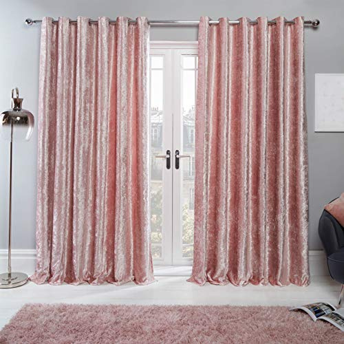 Sienna Crushed Velvet Curtain Eyelet Ring Top Pair of Fully Lined Curtains, Soft Luxurious Blush Pink Thermal Insulated Curtains Window Treatment 2 Panel, 46 x 72