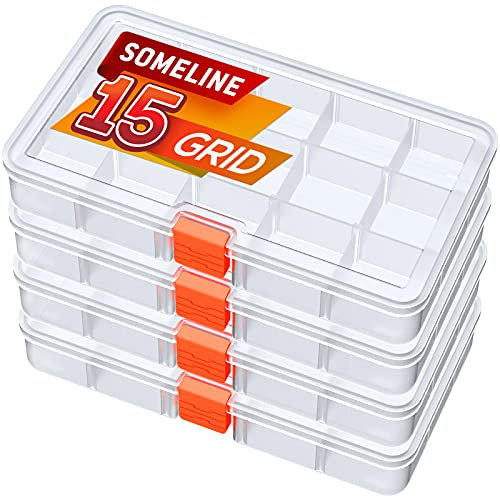 SOMELINE Organizer,Box assortimento,Contenitore per minuteria,con 15 scomparti,Stabile scatola di smistamento per viti,minuteria,piccoli utensili e utensili da cucito | Dimensioni:17x9,5x1,9cm 4pezzi