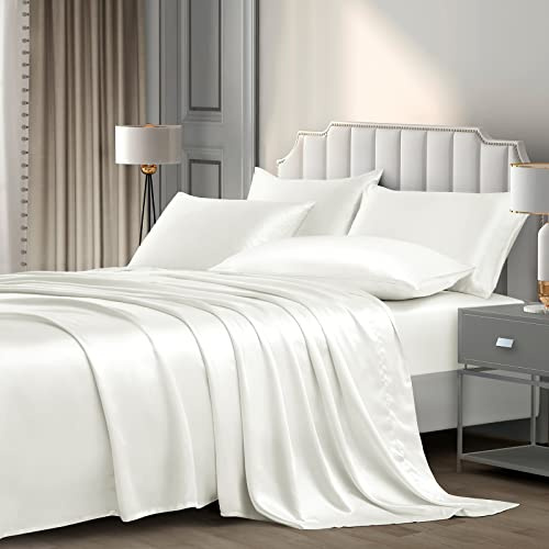 P Pothuiny Set di 6 lenzuola in raso queen size, colore avorio, bianco, satinato, 1 lenzuolo sotto e 1 lenzuolo + 4 federe