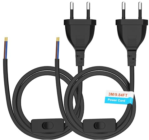 Euro Netzkabel mit Schalter [2 Stück], 3 Meter Euro Stecker Stromkabel, 2 X Ersatzkabel Anschlusskabel mit Schalter Typ C, 2 x 0,75 mm², für Leuchten, Lampen, Leuchtmittel, Schwarz
