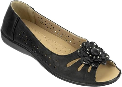 Fashion Friendly Ladies Open Toe Slip on Shoes, Summer Flower Flat Shoes, 8 Colours Sizes 3-8 Black